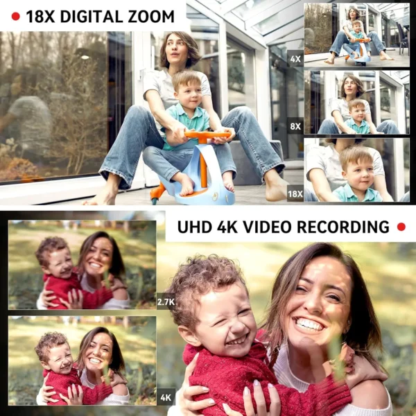 UHD 4k Video Camera Camcorder with 18X Digital Zoom,64MP Digital Camera Recorder,4.0-inch Rotating Touchscreen,64GB SD Card,Micr - Image 5