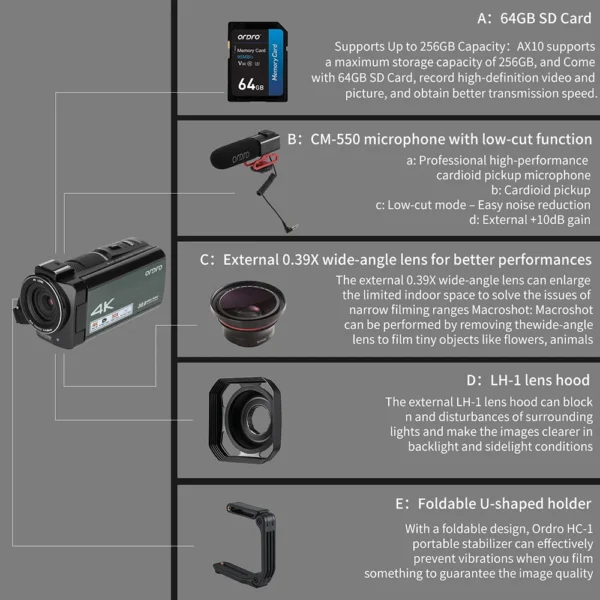 Ordro AX10 4K Camcorder Camara Professional 30MP 60FPS 30X Digital Zoom Camera Vlog IR Night Vision WiFi YouTube Video Shooting - Image 6