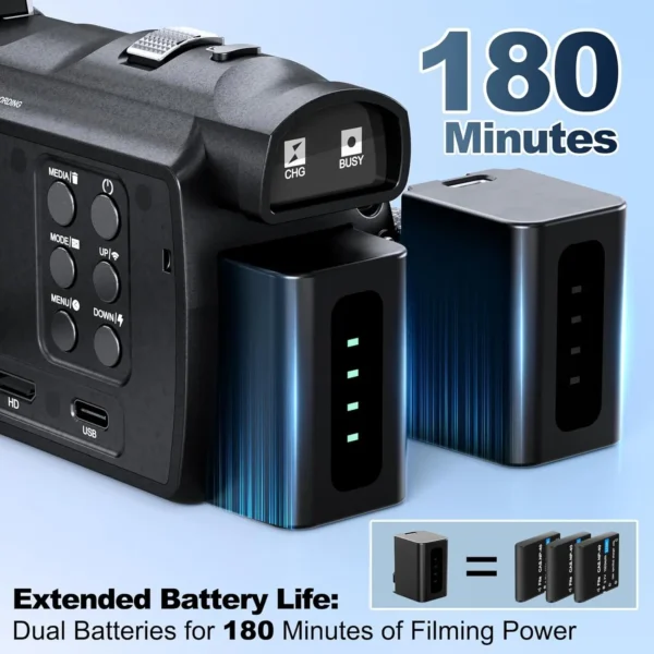 NBD 4K Camcorder Video Camera with 48MP Vlogging Camera With Wi-Fi & App Control,Video Recorder with 3X Battery Life, 16X Zoom - Image 3